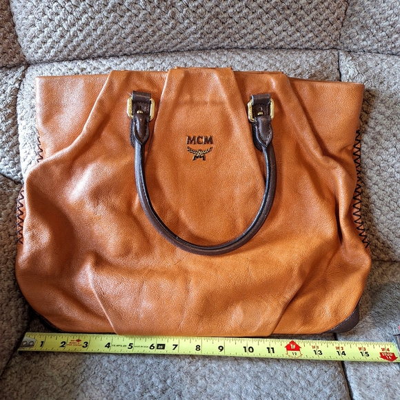 MCM Crossbody Tote Shoulder Bag Cognac Brown Leather Tote Handle - Picture 1 of 9